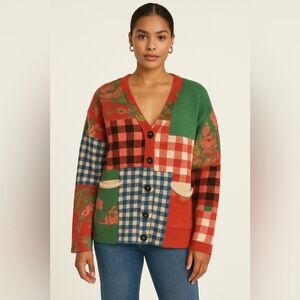 Vintage Patchwork Cardigan Sweater Wool Cotton Blend Cottagecore Boho Grunge